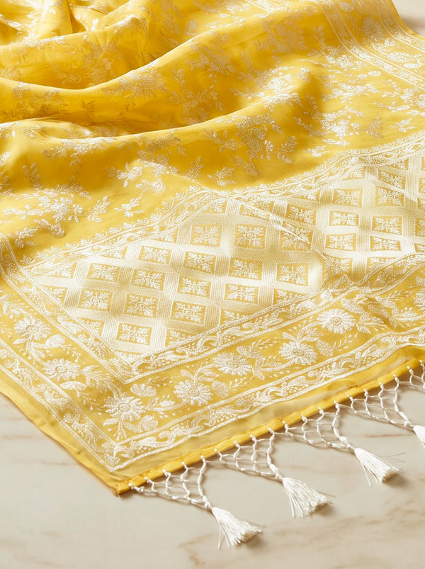 Banarasee Pure Organza Silk Saree With Resham Embroidery-Light Yellow