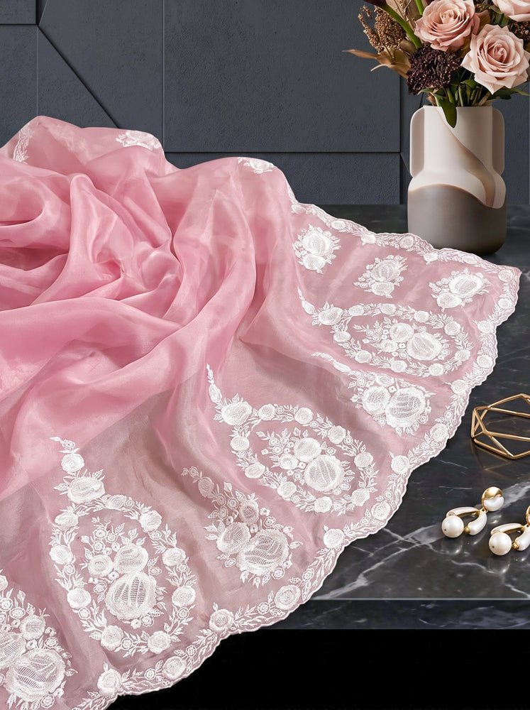 Banarasee Pure Organza Silk Saree With Floral Resham Embroidery-Light Pink