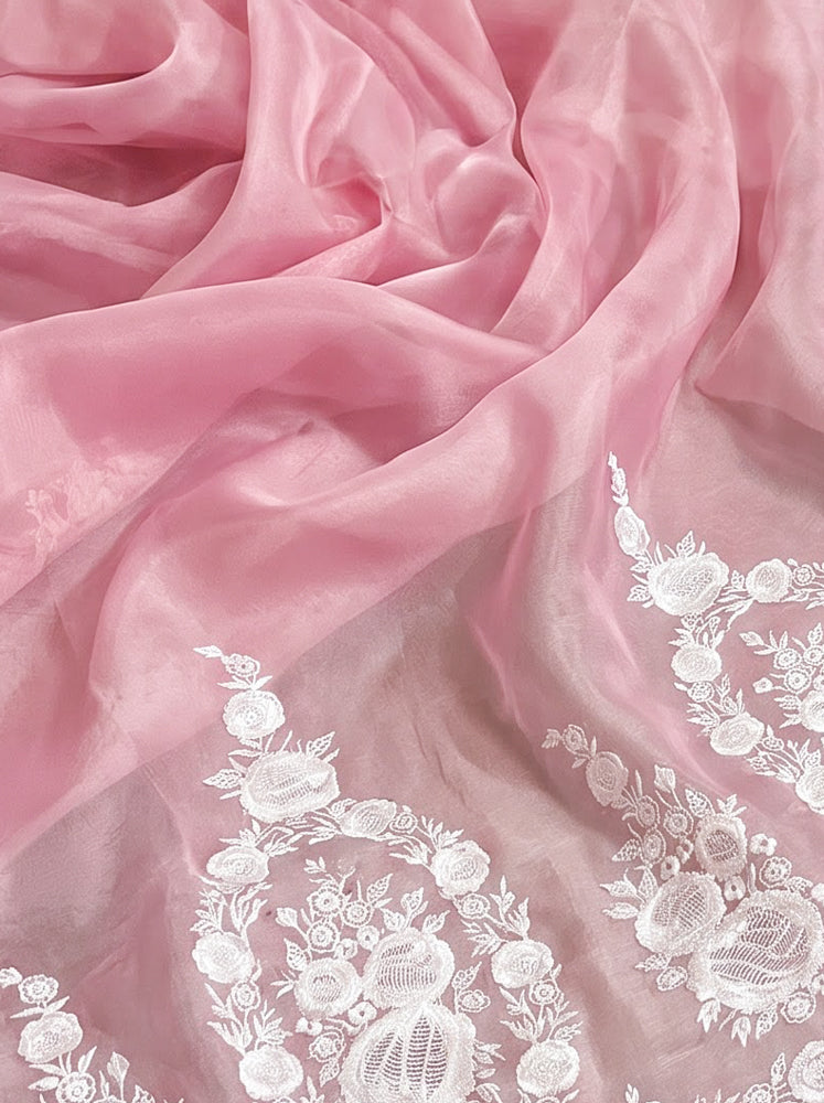Banarasee Pure Organza Silk Saree With Floral Resham Embroidery-Light Pink