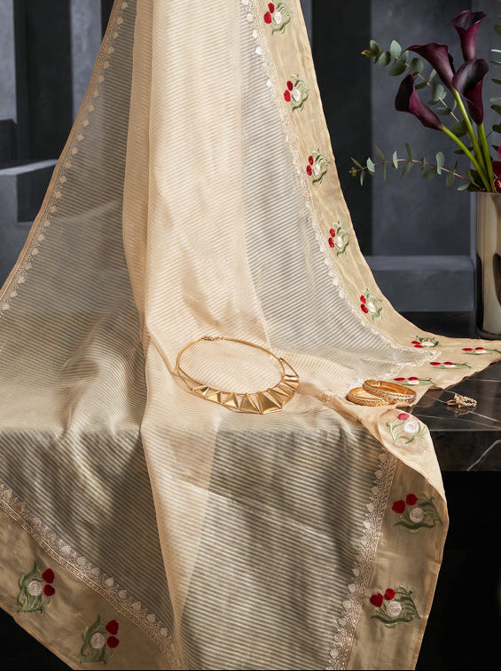 Banarasee Pure Tissue Silk Saree With Stripe Pattern & Resham Embroidered Border-Beige