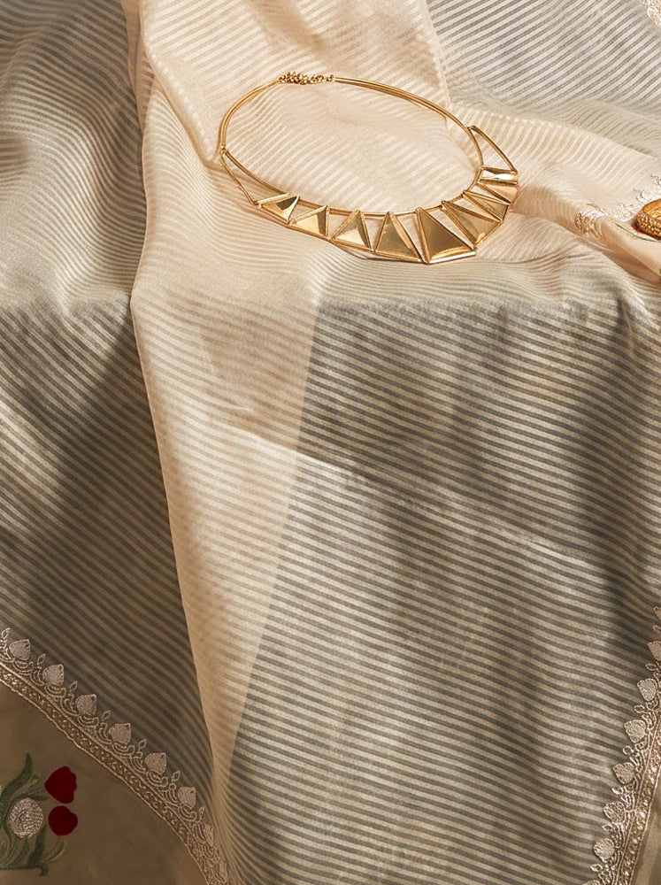 Banarasee Pure Tissue Silk Saree With Stripe Pattern & Resham Embroidered Border-Beige