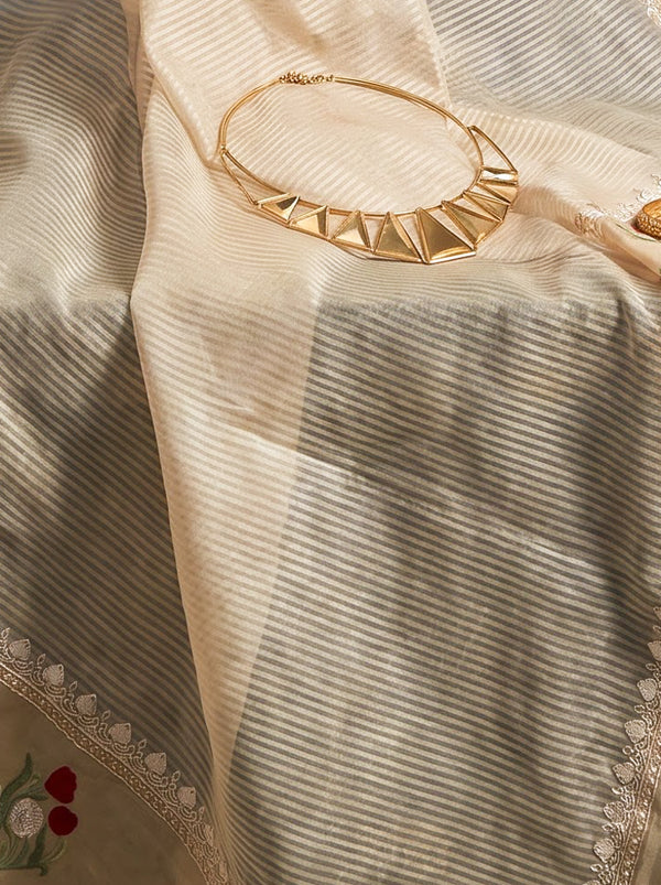 Banarasee Pure Tissue Silk Saree With Stripe Pattern & Resham Embroidered Border-Beige