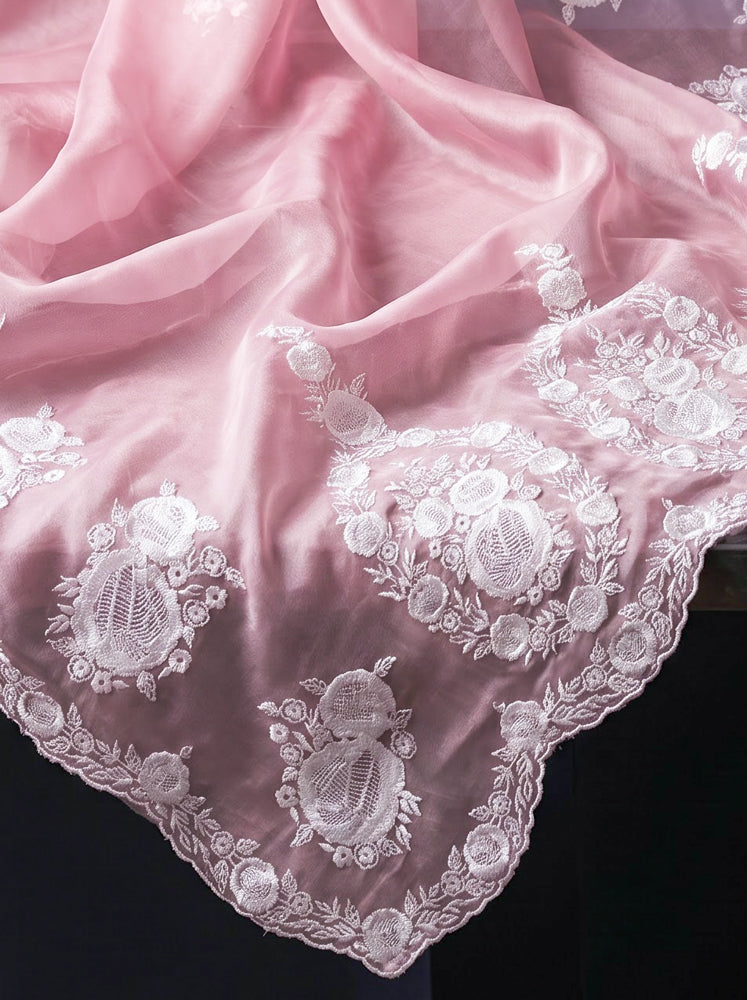 Banarasee Pure Organza Silk Saree With Floral Resham Embroidery-Light Pink