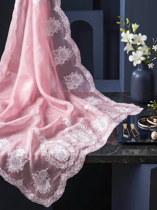 Banarasee Pure Organza Silk Saree With Floral Resham Embroidery-Light Pink