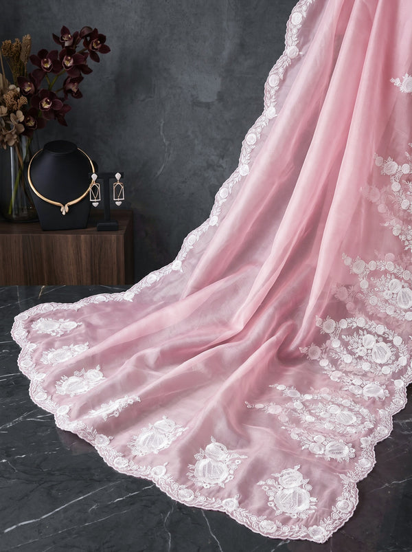 Banarasee Pure Organza Silk Saree With Floral Resham Embroidery-Light Pink