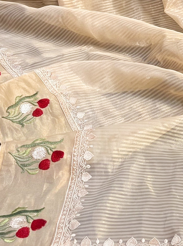 Banarasee Pure Tissue Silk Saree With Stripe Pattern & Resham Embroidered Border-Beige