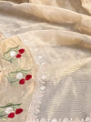 Banarasee Pure Tissue Silk Saree With Stripe Pattern & Resham Embroidered Border-Beige