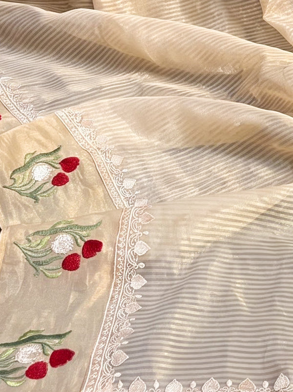 Banarasee Pure Tissue Silk Saree With Stripe Pattern & Resham Embroidered Border-Beige