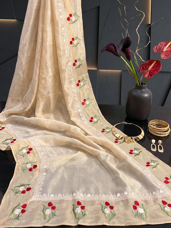 Banarasee Pure Tissue Silk Saree With Stripe Pattern & Resham Embroidered Border-Beige