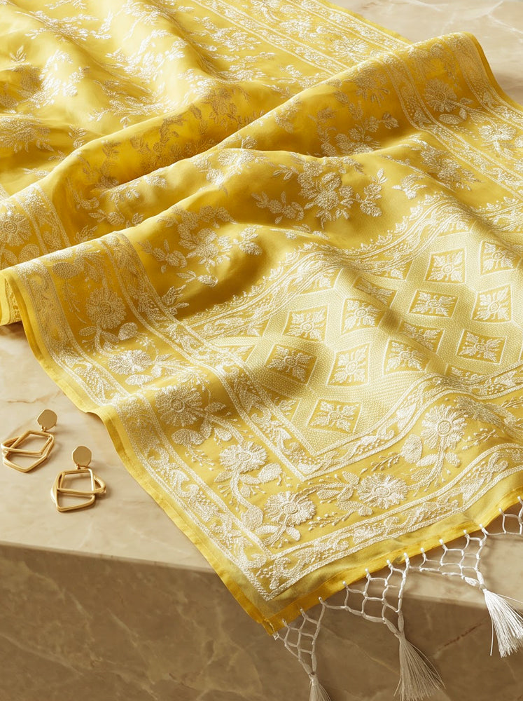 Banarasee Pure Organza Silk Saree With Resham Embroidery-Light Yellow