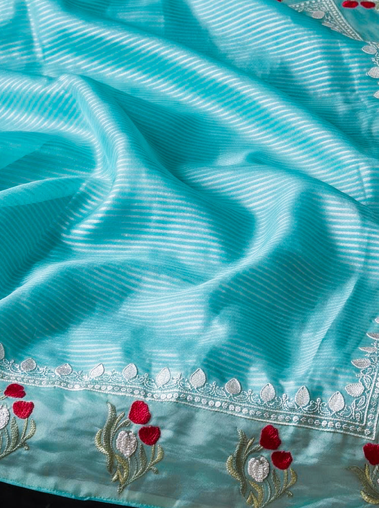 Banarasee Pure Tissue Silk Saree With Stripe Pattern & Resham Embroidered Border-Aqua Blue