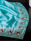 Banarasee Pure Tissue Silk Saree With Stripe Pattern & Resham Embroidered Border-Aqua Blue
