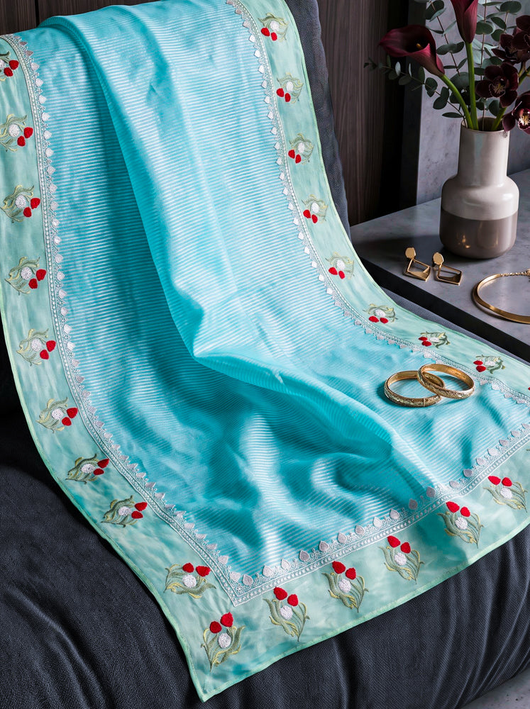 Banarasee Pure Tissue Silk Saree With Stripe Pattern & Resham Embroidered Border-Aqua Blue