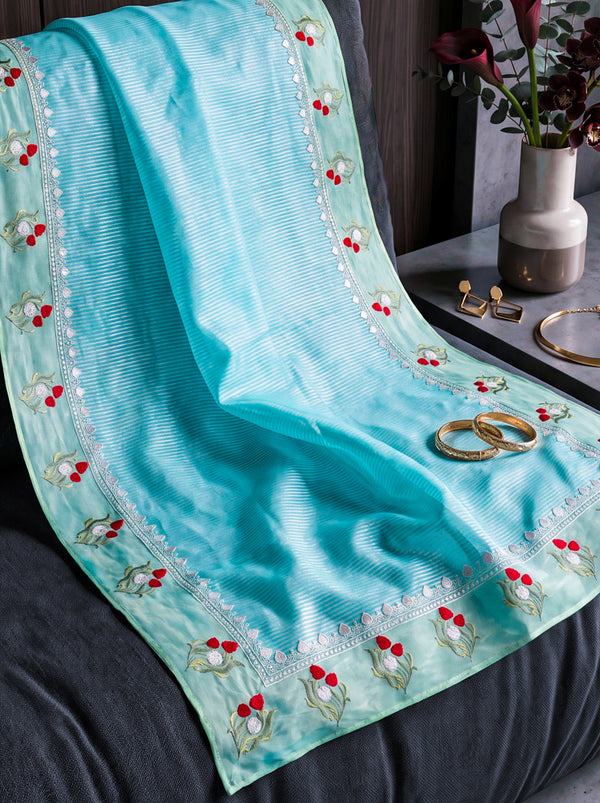 Banarasee Pure Tissue Silk Saree With Stripe Pattern & Resham Embroidered Border-Aqua Blue