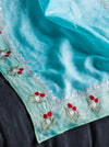 Banarasee Pure Tissue Silk Saree With Stripe Pattern & Resham Embroidered Border-Aqua Blue