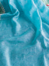 Banarasee Pure Tissue Silk Saree With Stripe Pattern & Resham Embroidered Border-Aqua Blue