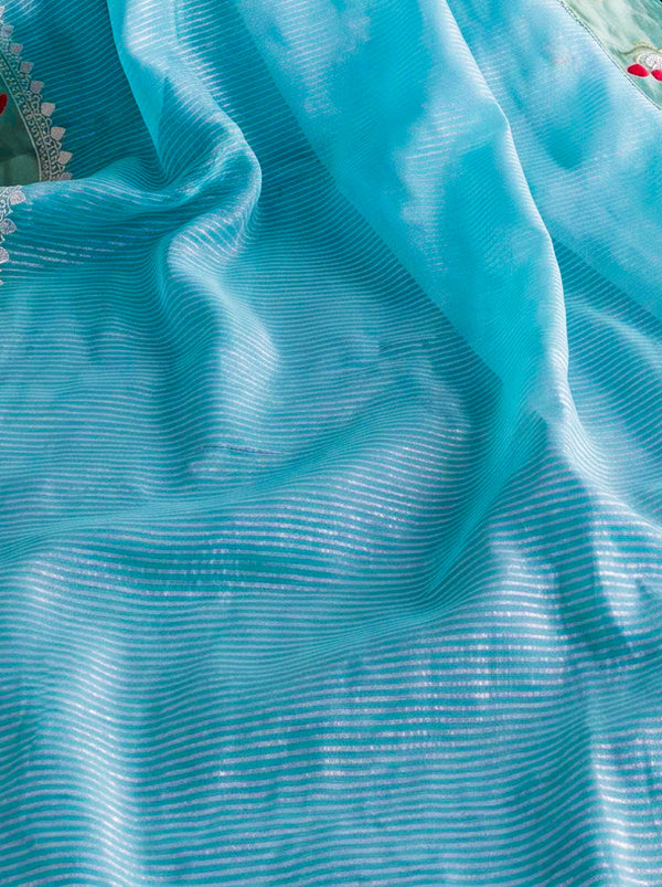 Banarasee Pure Tissue Silk Saree With Stripe Pattern & Resham Embroidered Border-Aqua Blue