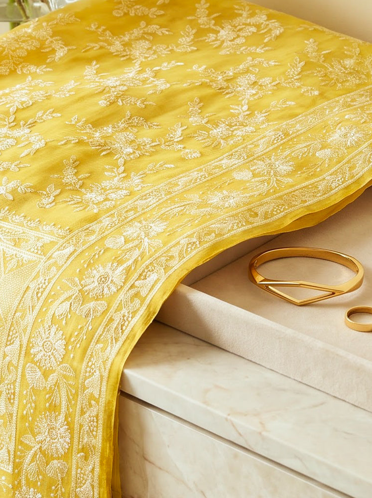Banarasee Pure Organza Silk Saree With Resham Embroidery-Light Yellow