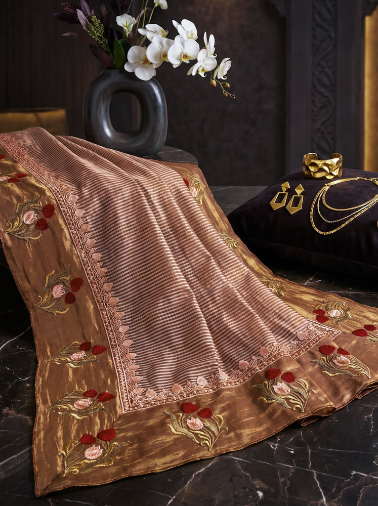 Banarasee Pure Tissue Silk Saree With Stripe Pattern & Resham Embroidered Border-Brown