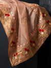 Banarasee Pure Tissue Silk Saree With Stripe Pattern & Resham Embroidered Border-Brown