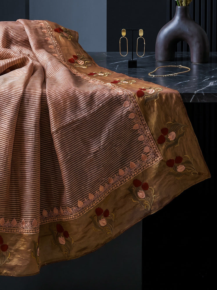 Banarasee Pure Tissue Silk Saree With Stripe Pattern & Resham Embroidered Border-Brown