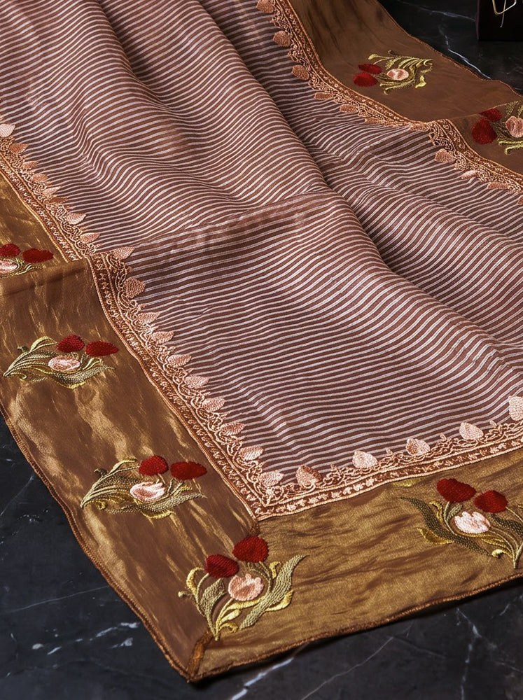 Banarasee Pure Tissue Silk Saree With Stripe Pattern & Resham Embroidered Border-Brown