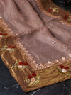 Banarasee Pure Tissue Silk Saree With Stripe Pattern & Resham Embroidered Border-Brown