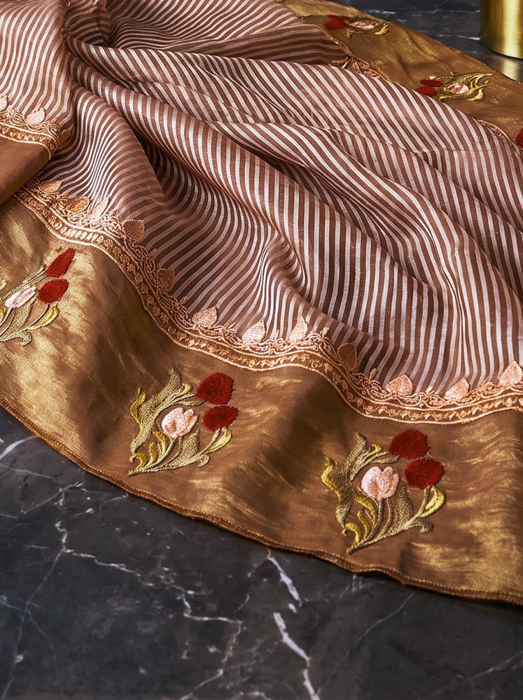 Banarasee Pure Tissue Silk Saree With Stripe Pattern & Resham Embroidered Border-Brown