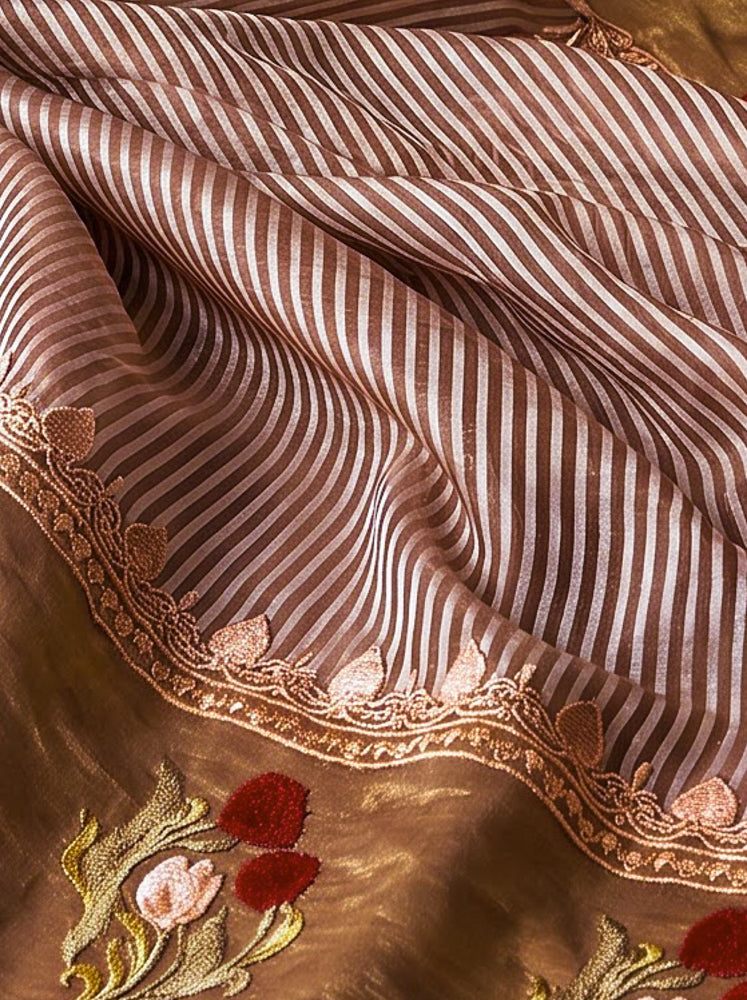 Banarasee Pure Tissue Silk Saree With Stripe Pattern & Resham Embroidered Border-Brown