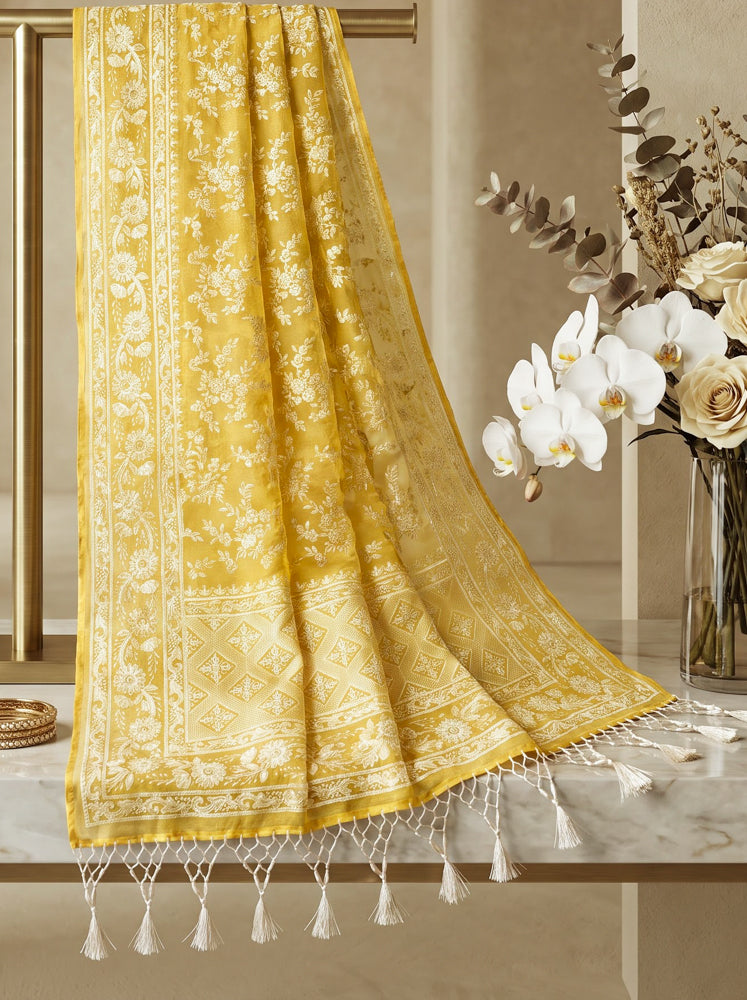 Banarasee Pure Organza Silk Saree With Resham Embroidery-Light Yellow