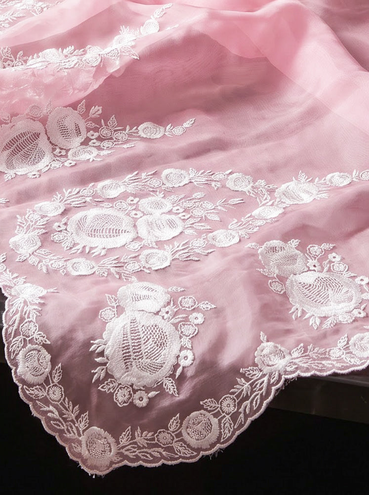 Banarasee Pure Organza Silk Saree With Floral Resham Embroidery-Light Pink
