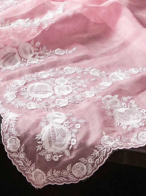 Banarasee Pure Organza Silk Saree With Floral Resham Embroidery-Light Pink