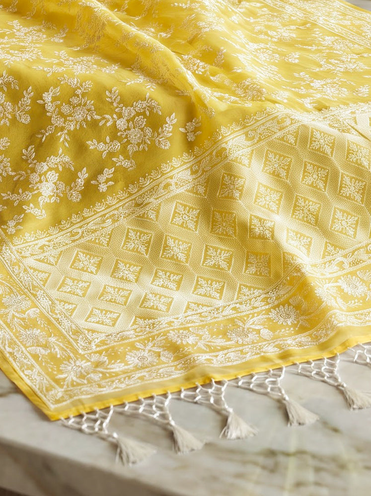 Banarasee Pure Organza Silk Saree With Resham Embroidery-Light Yellow
