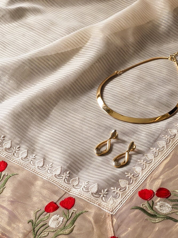 Banarasee Pure Tissue Silk Saree With Stripe Pattern & Resham Embroidered Border-Beige