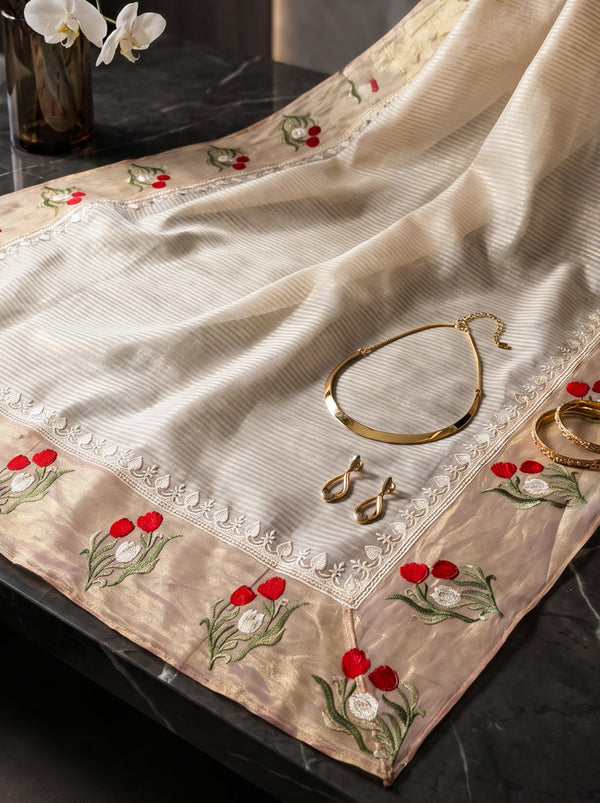 Banarasee Pure Tissue Silk Saree With Stripe Pattern & Resham Embroidered Border-Beige