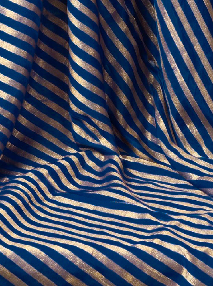 Banarasee Pure Tissue Silk Saree With Stripe Pattern & Scallop Border-Navy Blue