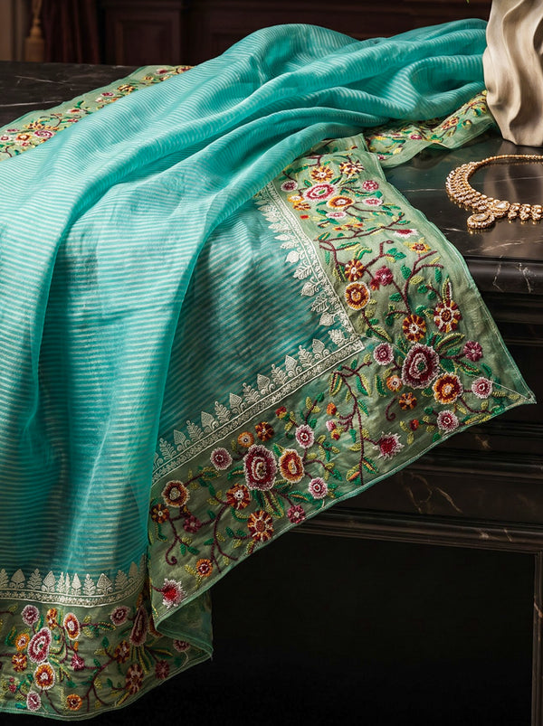 Banarasee Pure Tissue Silk Saree With Stripe Pattern & Resham Embroidered Border-Aqua Green