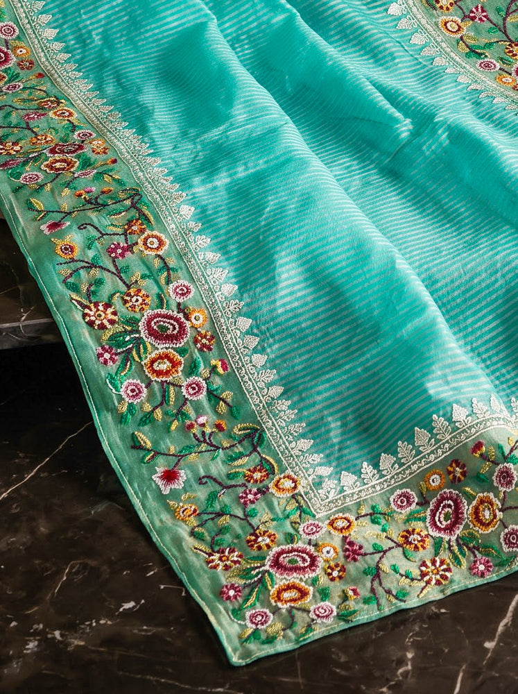 Banarasee Pure Tissue Silk Saree With Stripe Pattern & Resham Embroidered Border-Aqua Green