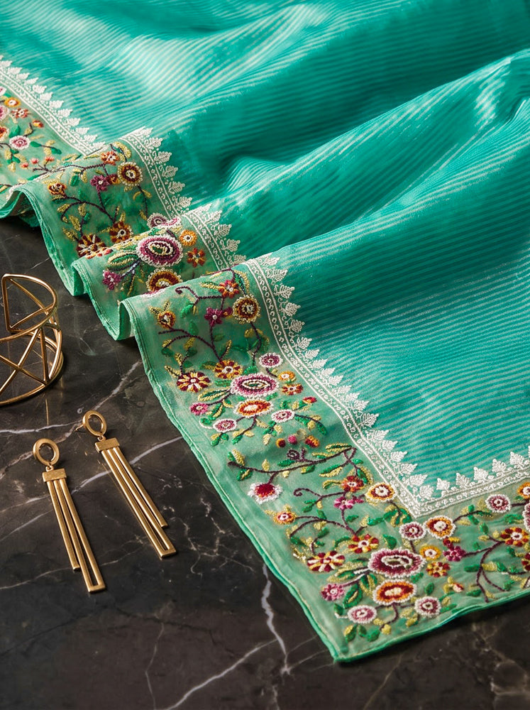 Banarasee Pure Tissue Silk Saree With Stripe Pattern & Resham Embroidered Border-Aqua Green
