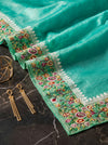 Banarasee Pure Tissue Silk Saree With Stripe Pattern & Resham Embroidered Border-Aqua Green