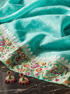 Banarasee Pure Tissue Silk Saree With Stripe Pattern & Resham Embroidered Border-Aqua Green