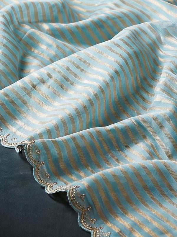 Banarasee Pure Tissue Silk Saree With Stripe Pattern & Scallop Border-Light Blue