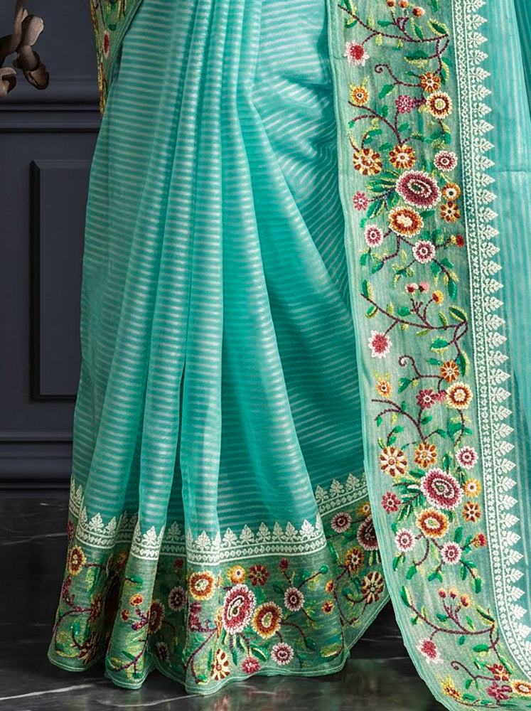 Banarasee Pure Tissue Silk Saree With Stripe Pattern & Resham Embroidered Border-Aqua Green