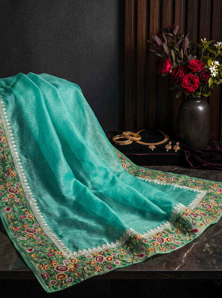 Banarasee Pure Tissue Silk Saree With Stripe Pattern & Resham Embroidered Border-Aqua Green