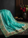 Banarasee Pure Tissue Silk Saree With Stripe Pattern & Resham Embroidered Border-Aqua Green