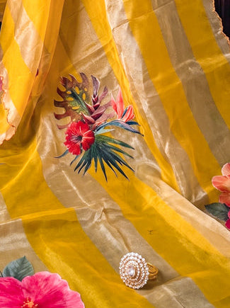 Banarasee Pure Organza Tissue Saree With Digital Printed Floral Design-Yellow