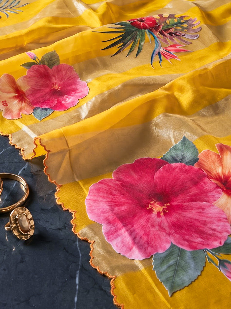 Banarasee Pure Organza Tissue Saree With Digital Printed Floral Design-Yellow