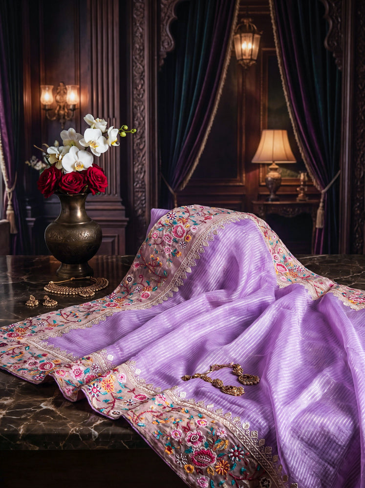 Banarasee Pure Tissue Silk Saree With Stripe Pattern & Resham Embroidered Border-Lavender