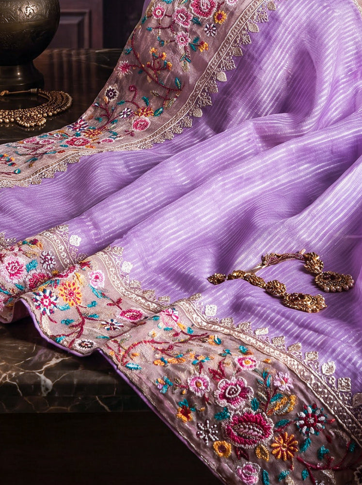 Banarasee Pure Tissue Silk Saree With Stripe Pattern & Resham Embroidered Border-Lavender