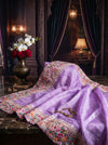 Banarasee Pure Tissue Silk Saree With Stripe Pattern & Resham Embroidered Border-Lavender
